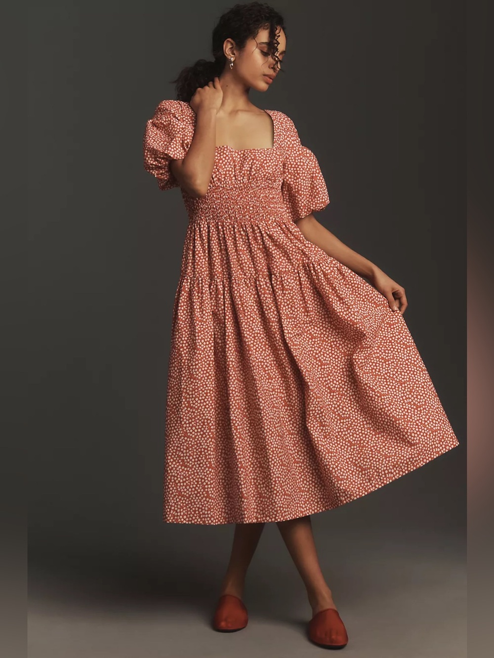 Anthropologie Red Floral Smocked Puff Sleeve Tiered Midi Dress Cottagecore L
